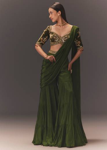 Seaweed Green Hand Embroidered Drape Pallu Style Sharara Set
