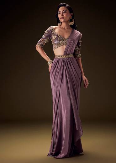 Dahlia Purple Ready To Wear Saree With Hand Embroided Belt Hand Velvet Blouse