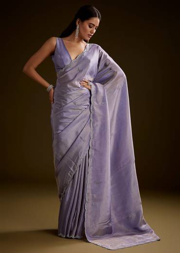 Blush Grey Tissue Saree With Cutdana And Sequins Embroidery And Scallop Border