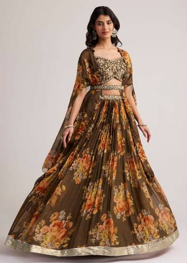 Brown Organza Floral Print Set With Zardosi And Sequins Work