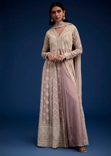 Lavender Embroidered Palazzo Set With Dupatta