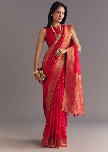 Red Dola Silk Butti Work Saree With Zari Border