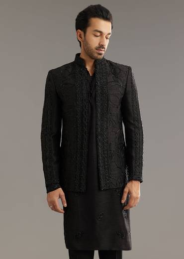 Black Raw Silk Indo Western Set With Beaded Work