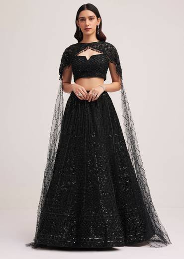 Black Sequin Embellished Lehenga Choli Set With Cape