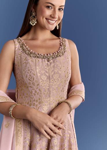 Pink Ombre Georgette Anarkali With Cutdana Neck And Zari Dupatta
