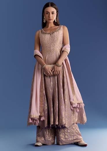 Pink Ombre Georgette Anarkali With Cutdana Neck And Zari Dupatta