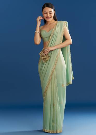 Mint Green Organza Tissue Saree With Subtle Embroidery