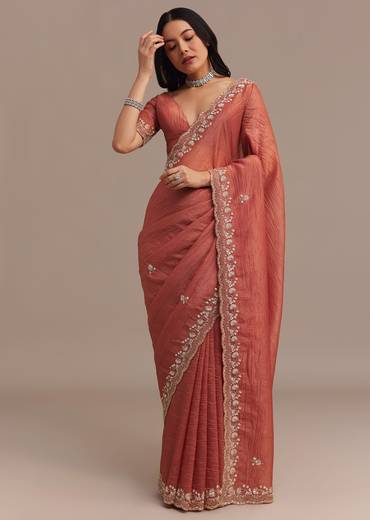 Rust Orange Crushed Tissue Saree With Cutdana Beads And Sequins Embroidery