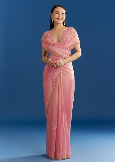 Soft Pink Organza Tissue Saree With Scallop Beaded Finish