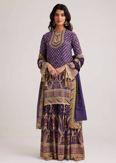 Purple Crepe Silk Sharara Set With Mirror And Sequins Work