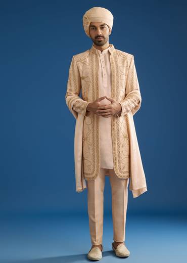 Ivory Raw Silk Sherwani Set With Mixed Hand Work And Organza Satin Accents