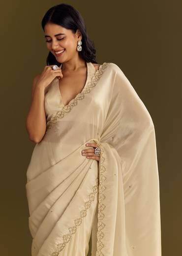 Beige Tissue Saree With Cutdana And Beads Scallop Border