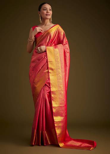 Rani Pink Kanjivaram Silk Saree With Golden Zari Detailing