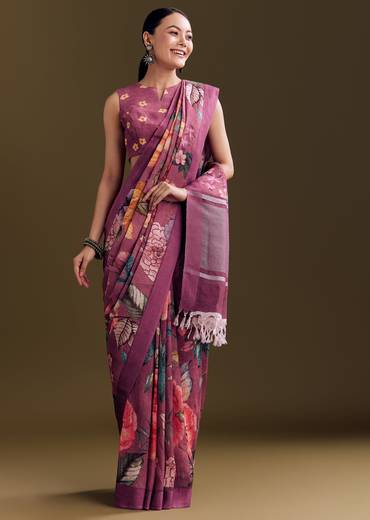Purple Cotton Linen Saree With Faded Florals