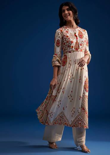 Ivory Linen Kurta Set With Floral Resham Work