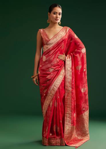 Red Saree With Zari Motif and Heavy Embroidered Blouse