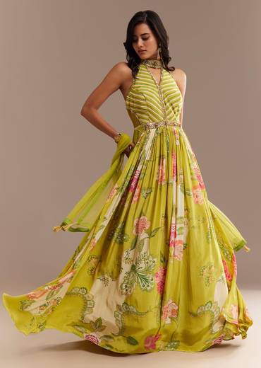 Lime Green Floral Printed Gown Set