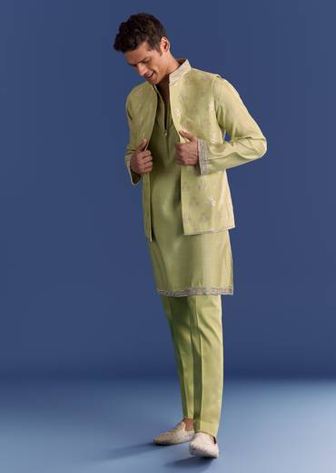 Mint Green Munga Silk Kurta Jacket Set With Hand Embroidery