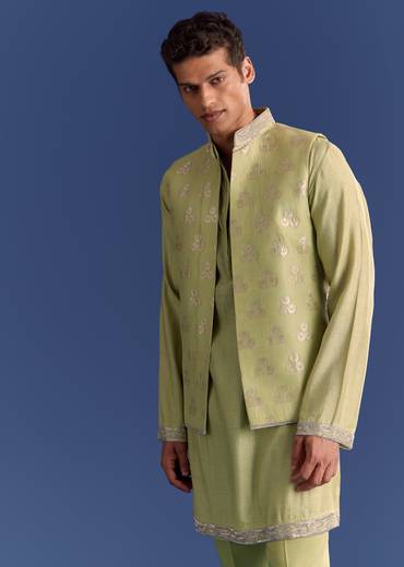 Mint Green Munga Silk Kurta Jacket Set With Hand Embroidery