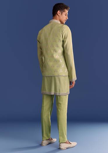 Mint Green Munga Silk Kurta Jacket Set With Hand Embroidery