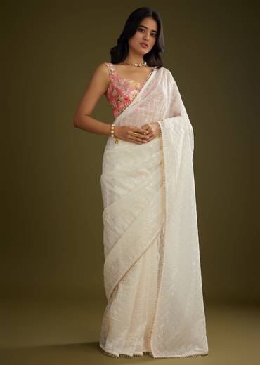 White Glass Tissue Embroidered Saree With Contrast Blouse