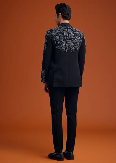 Black Embroidered Floral Tuxedo Set