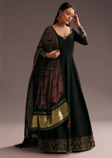 Black Sequins Zardosi Silk Anarkali Dupatta Set