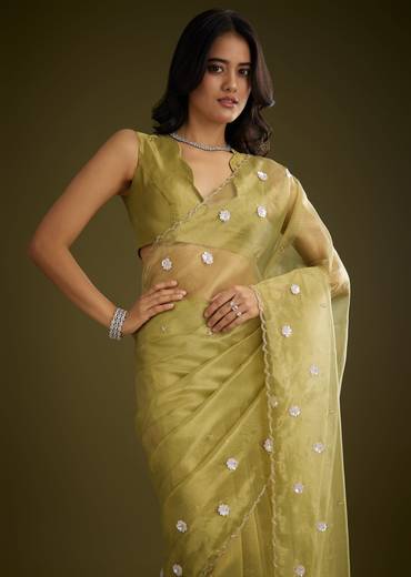 Mehandi Green Tissue Saree With Sequin Floral Embroidery