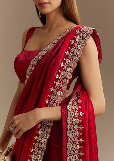 Red Satin Saree With Gotapatti And Scallop Border