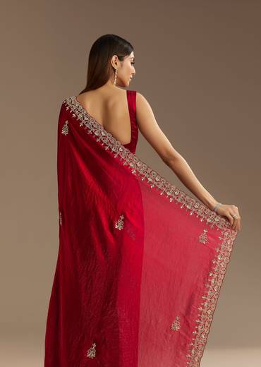 Red Satin Saree With Gotapatti And Scallop Border