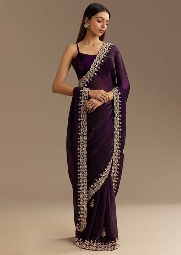 Purple Satin Saree With Gotapatti Work And Scallop Border