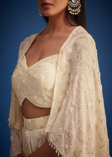 Off White Embroidered Cape Palazzo Set