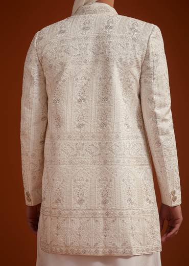 Off White Open Jacket Sherwani Set With Resham Work