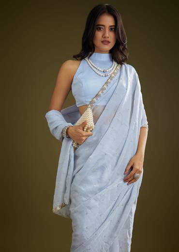 Light Blue Tissue Silk Saree With Stone Embellishment