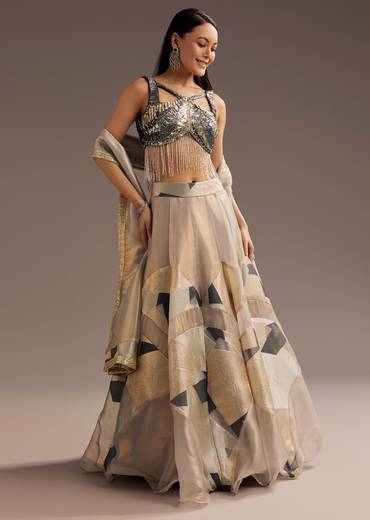Grey Lurex Glitter Lehenga With Organza Dupatta