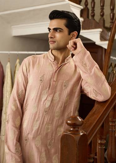 Pink Munga Silk Embroidered Butti Kurta Set