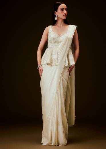 Ivory Embroidered Peplum Top With Saree