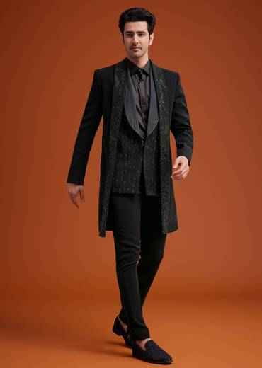 Black Long Open Jacket Set With Tonal Beaded Embroidery
