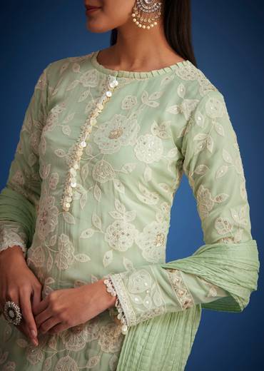 Pista Green Organza Embroidered Straight Kurta Set