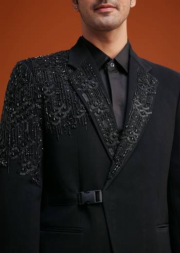 Black Tuxedo With Asymmetric Beaded Embellishments