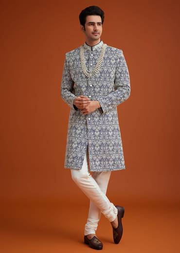 Blue Monga Silk Sherwani Set With Embroidery And Bead Work