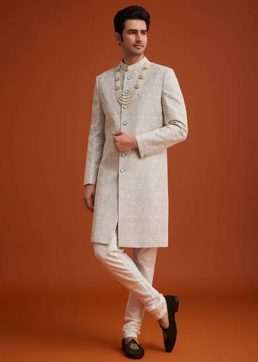Grey Silk Sherwani With Embroidery And Beads Work