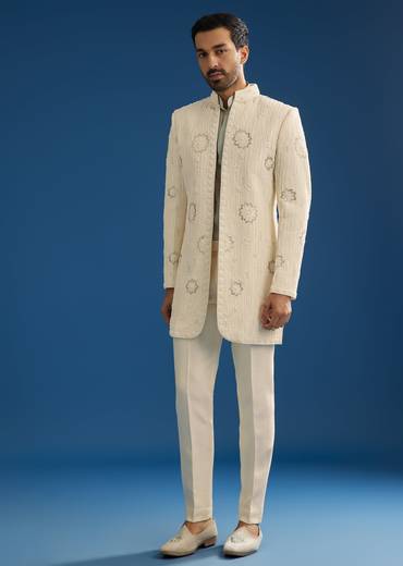 Off White Crush Tissue Sherwani Set With Beads And Cutdana Work