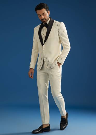 Off White Suiting Blazer Set With Beads And Cutdana Embroidery