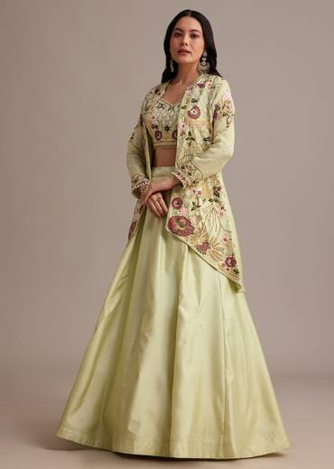 Light Green Silk Jacket Lehenga Set With Thread And Moti Work