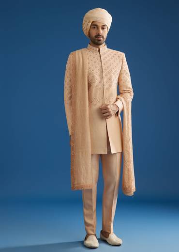 Beige Crush Tissue Sherwani Set With Hand Embroidery