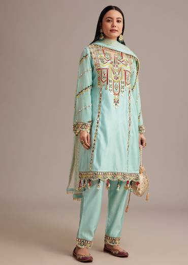 Sky Blue Silk Kurta Set With Mirror And Thread Work