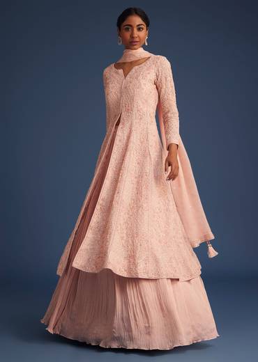 Peach Pink Organza Kurta Set With Chinon Skirt