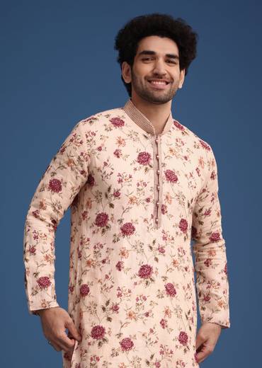 Beige Linen Printed Kurta Set With Floral Motifs