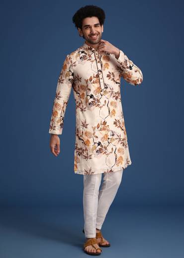 Beige Linen Printed Kurta Set With Leaf Motifs